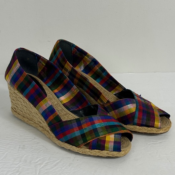 Ralph Lauren Espadrille Wedge Silk Shantung Plaid Peep Toe Sandals Womens Size 9 - Picture 7 of 12